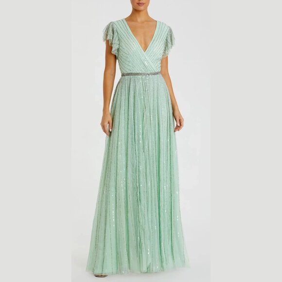 Mac Duggal 5502 Size 16 Light Green Sequined Ruffled‎ Cap Sleeve Gown Maxi Dress - Picture 2 of 4